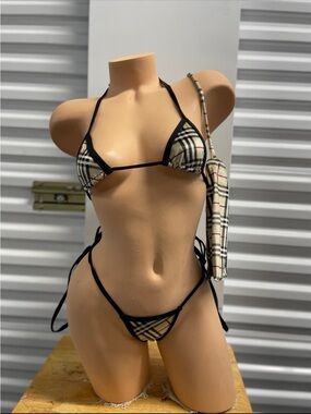 Plaid String Triangle Bikini Set in Beige and Black